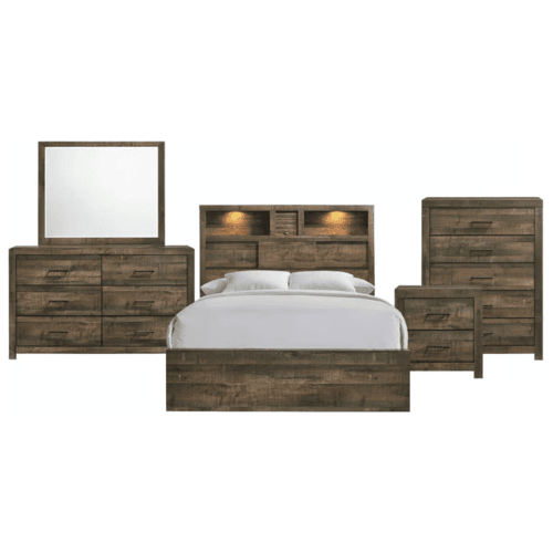 Picket House Beckett Walnut 5pc Bedroom Set with Queen Bookcase Panel Bed