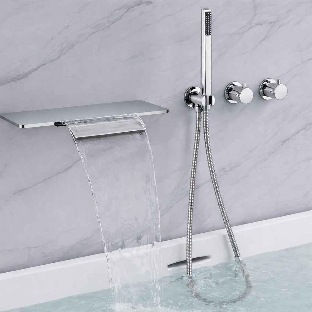 Brass Wall-Mounted Bathtub Faucet Tub Filler Waterfall Design in chrome